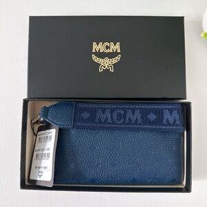 MCM Navy Blue Leather Wristlet with Logo Webbing Strap